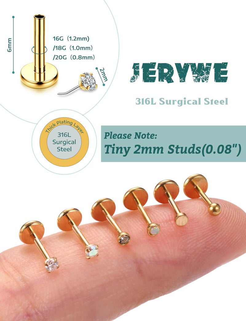 JeryWe 20G Flat Back Earrings Stud - Hypoallergenic Earrings for Women - 316L Surgical Stainless Steel Tragus Cartilage Lip Medusa Piercing Jewelry - Threadless Nose Stud for Women Men 2mm 14K Gold Filled - Image 3