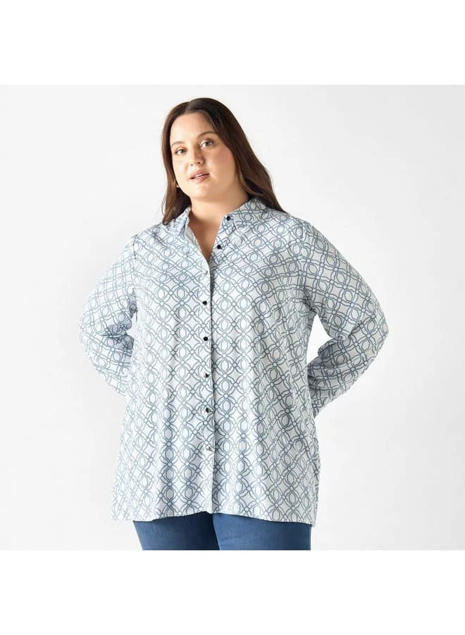 Ulla Popken Plus Size Ulla Popken All-Over Print Shirt with Long Sleeves