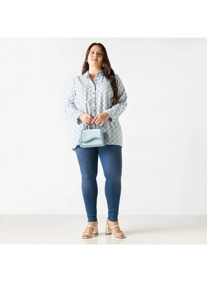 Ulla Popken Plus Size Ulla Popken All-Over Print Shirt with Long Sleeves