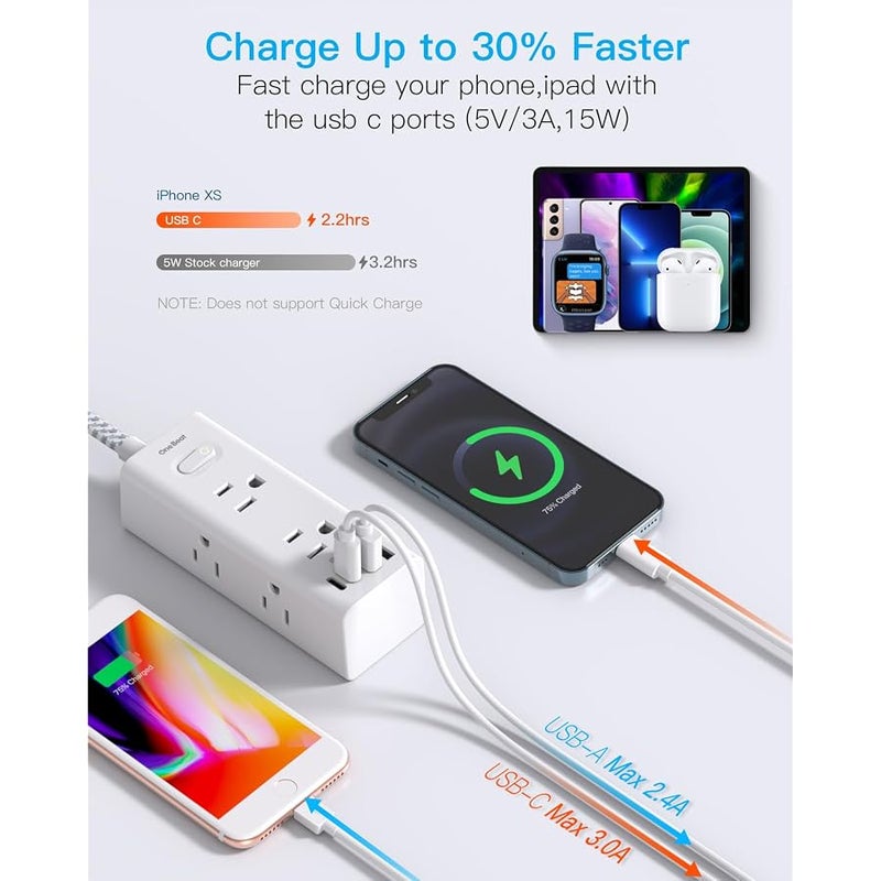 One Beat Power Strip Surge Protector -  6 Widely Outlets with 4 USB Ports (2 USB C), 5 Ft Extension Cord Flat Plug, Wall Mount Outlet Extender Small Power Strip for Travel Home Office College Dorm Room - Image 3