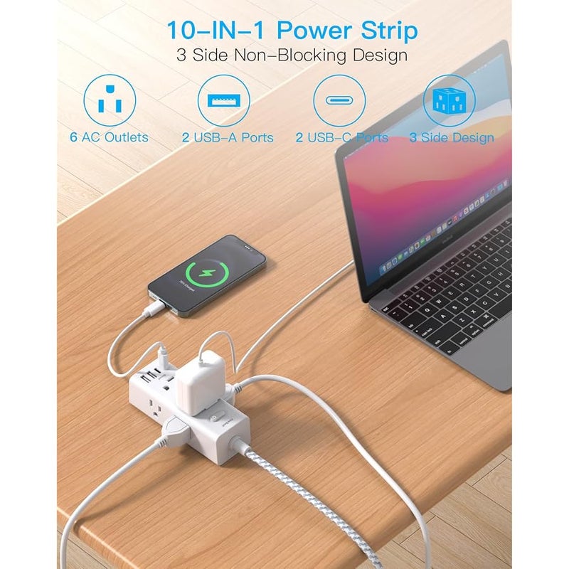 One Beat Power Strip Surge Protector -  6 Widely Outlets with 4 USB Ports (2 USB C), 5 Ft Extension Cord Flat Plug, Wall Mount Outlet Extender Small Power Strip for Travel Home Office College Dorm Room - Image 2