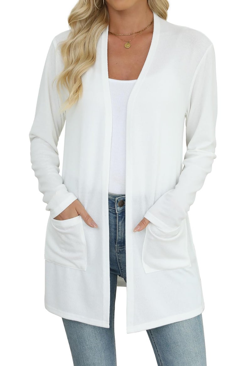Yincro Womens Lightweight Cardigan Long Sleeve Open Front Casual Sweater Cardigans with Pockets (White, L) - Image 1