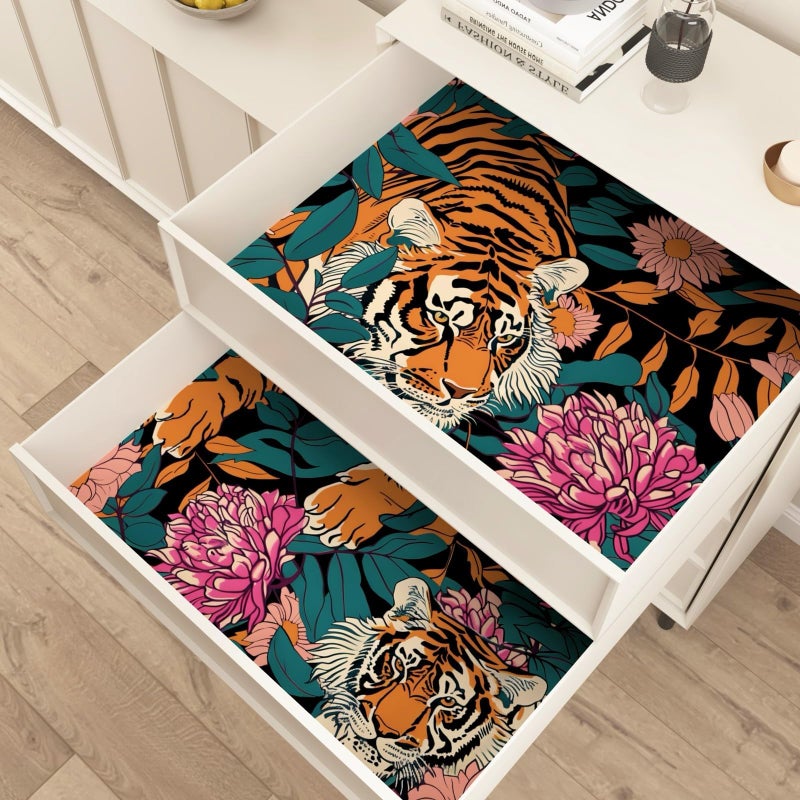BOKEBEVE Tiger Wallpaper Peel and Stick Vintage Floral Contact Paper Retro Boho Leaf Wall Paper Removable Waterproof Renter Friendly Wall Decor for Bedroom Countertop Desk Cabinet 17.5 x 118In - Image 5