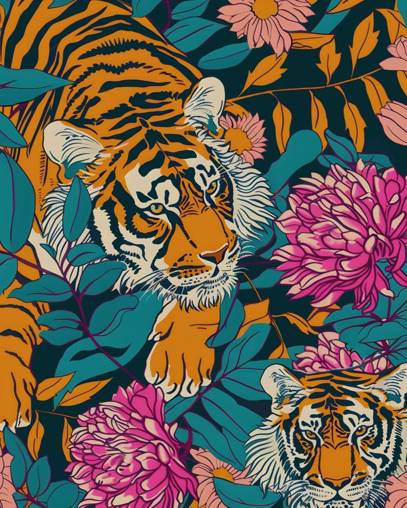 BOKEBEVE Tiger Wallpaper Peel and Stick Vintage Floral Contact Paper Retro Boho Leaf Wall Paper Removable Waterproof Renter Friendly Wall Decor for Bedroom Countertop Desk Cabinet 17.5 x 118In - Image 1