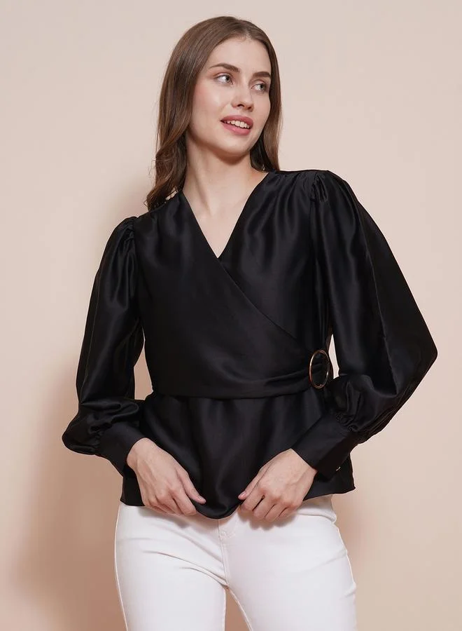 globus Solid Satin Balloon Sleeve V-Neck Wrap Top