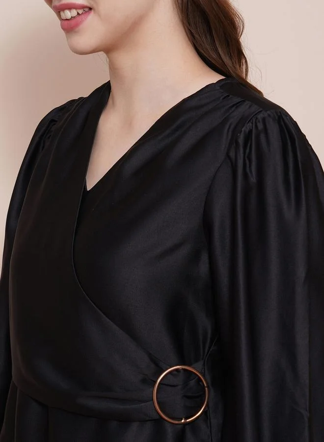 globus Solid Satin Balloon Sleeve V-Neck Wrap Top