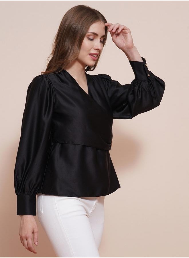 Solid Satin Balloon Sleeve V-Neck Wrap Top - pzsku/Z756C971F13A078A90E75Z/45/_/1740487904/ed5ca278-c494-444f-b0b2-6e55e32e69a3