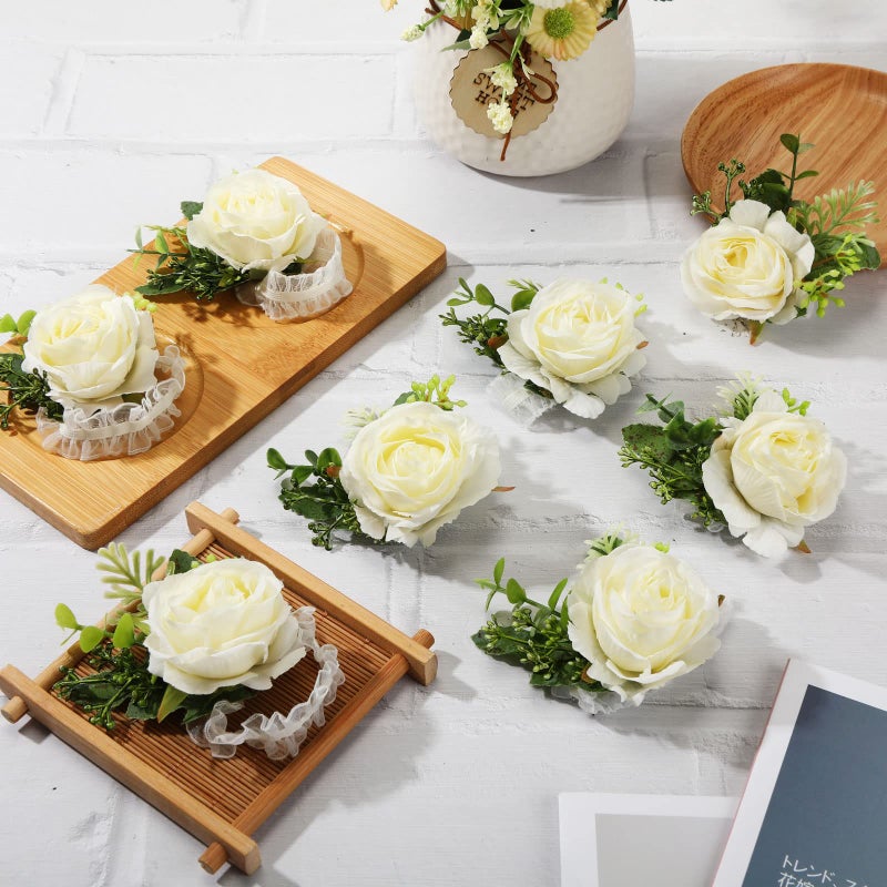 Sherr 24 Pcs Wedding Rose Wrist Corsage Wristlet Band for Bridal Bridesmaid Women Flowers Bracelets Decor Wedding Artificial Flowers for Party Prom Wedding Homecoming(White) - Image 5