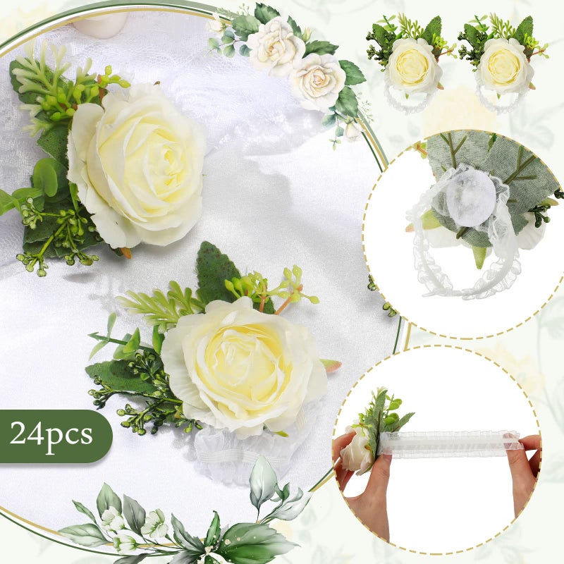 Sherr 24 Pcs Wedding Rose Wrist Corsage Wristlet Band for Bridal Bridesmaid Women Flowers Bracelets Decor Wedding Artificial Flowers for Party Prom Wedding Homecoming(White) - Image 3