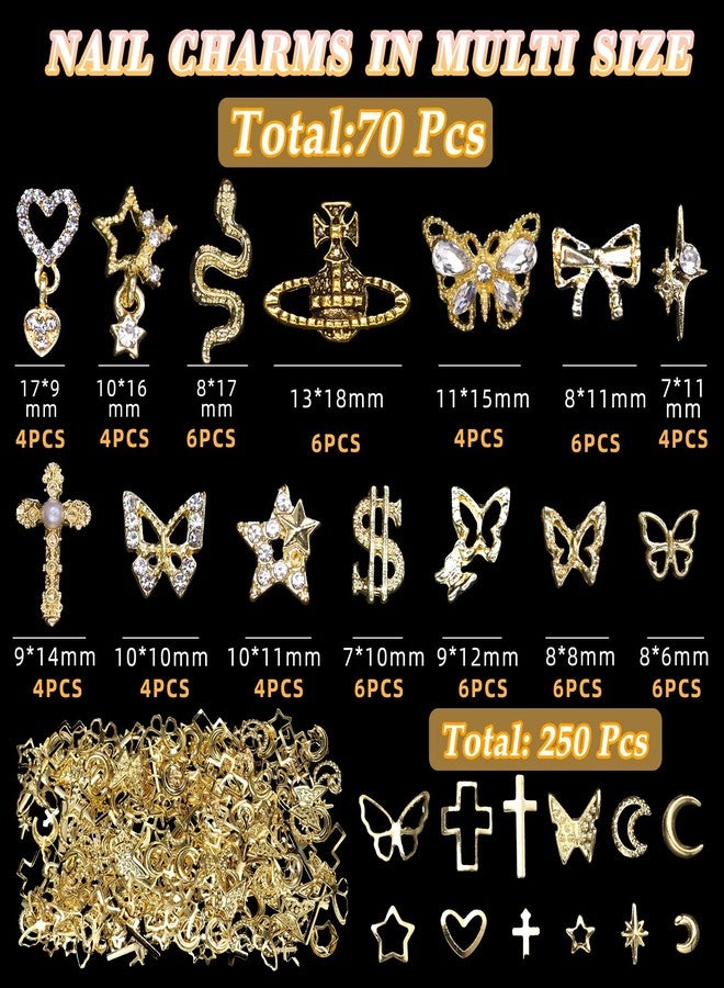 Cynailli "Cynailli "320 Pcs 3D Gold Nail Charms,Heart Star Snake Cross Dangle Nail Gems Charms Butterfly Dollar Planet Nail Arch Alloy Nail Art Nail Art Nail Art DIY - Image 2