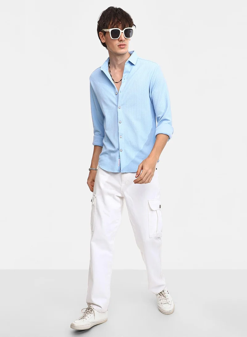 Campus Sutra Men's Baby Blue Stripe-Creased Shirt
