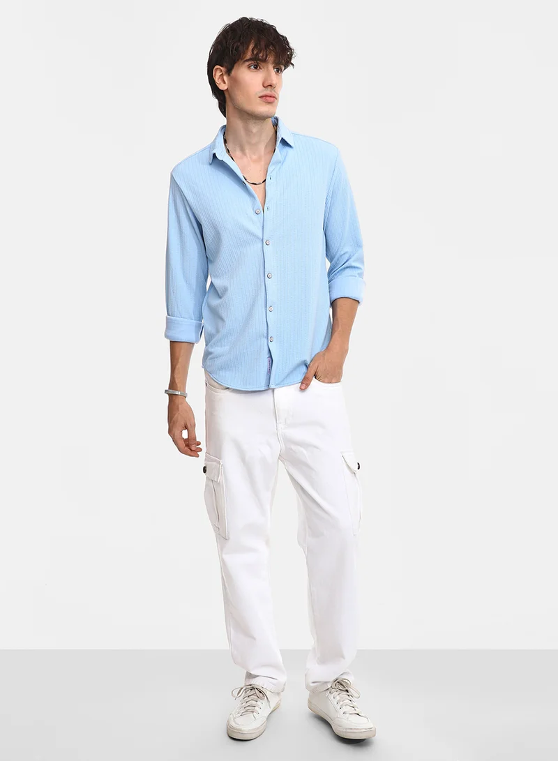 Campus Sutra Men's Baby Blue Stripe-Creased Shirt