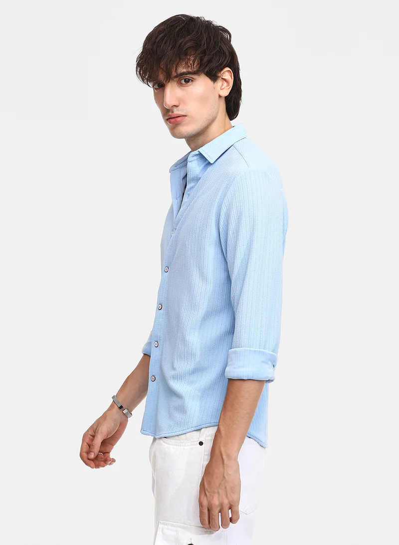 Campus Sutra Men's Baby Blue Stripe-Creased Shirt