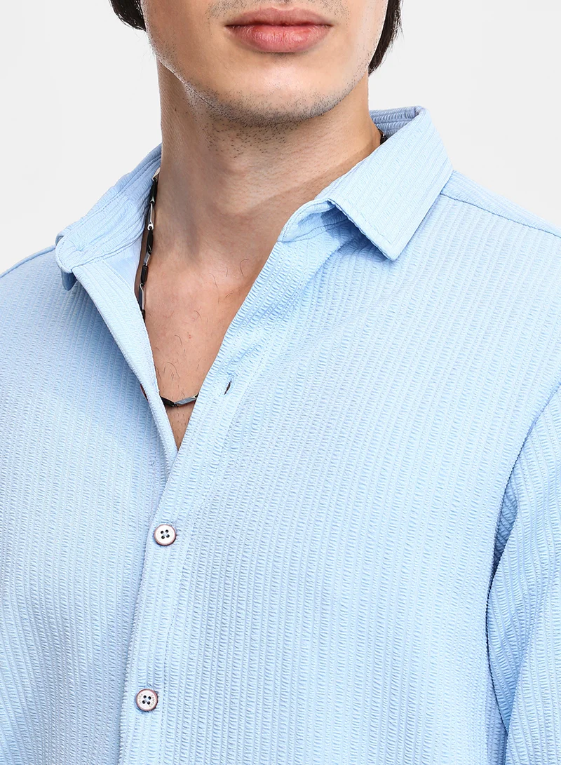 Campus Sutra Men's Baby Blue Stripe-Creased Shirt