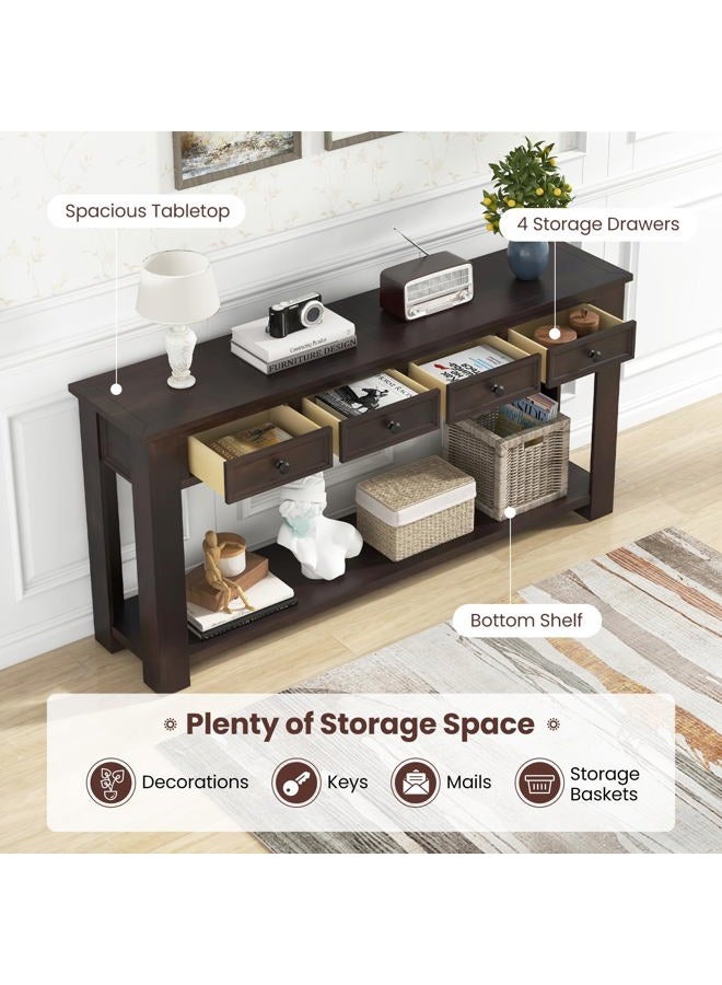 Giantex 63" Farmhouse Console Table with 4 Drawers, Modern Wood Entryway Table, Narrow Long Sofa Tables with Open Storage Shelf for Living Room, Hallway, Entrance, Foyer, Rustic Vintage, Espresso - Image 2