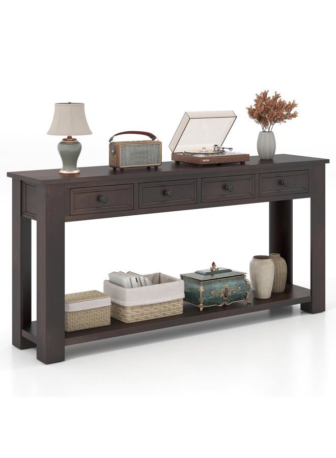 Giantex 63" Farmhouse Console Table with 4 Drawers, Modern Wood Entryway Table, Narrow Long Sofa Tables with Open Storage Shelf for Living Room, Hallway, Entrance, Foyer, Rustic Vintage, Espresso - Image 1