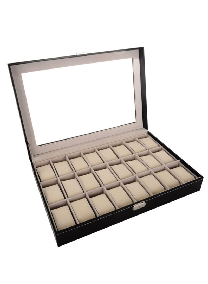 24 Slot Watch Holder Organizer with Glass Lid PU Leather Watch Box Case Removable Watch Pillows Velvet Lining and Secure Metal Clasp for Stylish Watch Display and Storage - Image 2