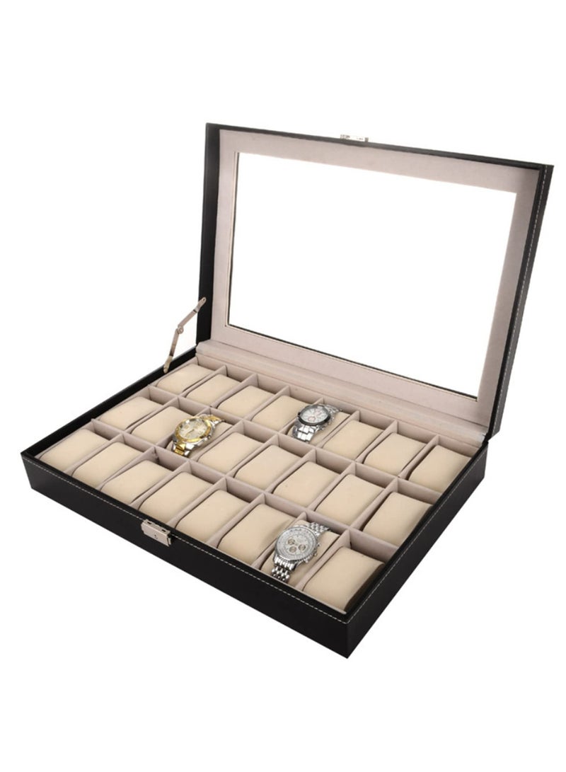 24 Slot Watch Holder Organizer with Glass Lid PU Leather Watch Box Case Removable Watch Pillows Velvet Lining and Secure Metal Clasp for Stylish Watch Display and Storage - Image 1