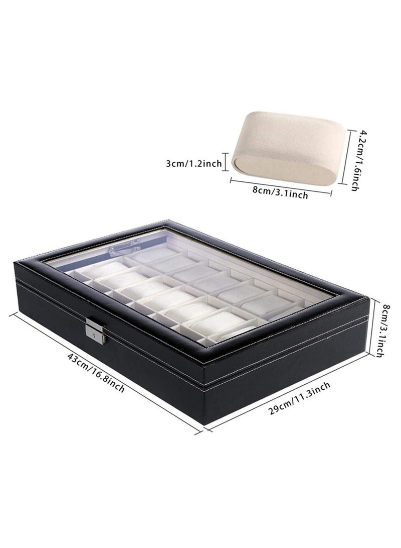 24 Slot Watch Holder Organizer with Glass Lid PU Leather Watch Box Case Removable Watch Pillows Velvet Lining and Secure Metal Clasp for Stylish Watch Display and Storage - Image 4