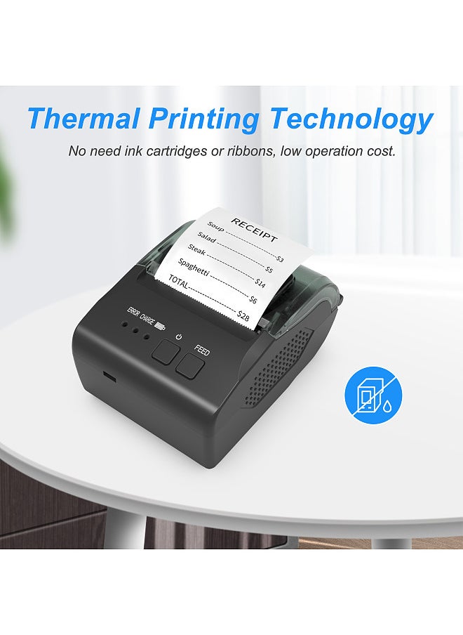 58mm Portable Mini Thermal Receipt Printer USB & BT Connection 2 inches Wireless Printer High Speed with 1 Roll Paper Inside Compatible with iOS Android Windows for Restaurant Sales Retail Shop