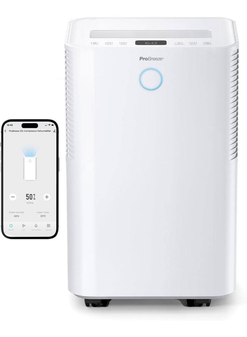 Pro Breeze 20L/Day Smart Compressor Dehumidifier with 4L Water Tank, Laundry Drying & Automatic Humidity Sensor - Mould Remover with 24-Hour Timer and Sleep Mode for Damp, Mould and Condensation  - Image 1