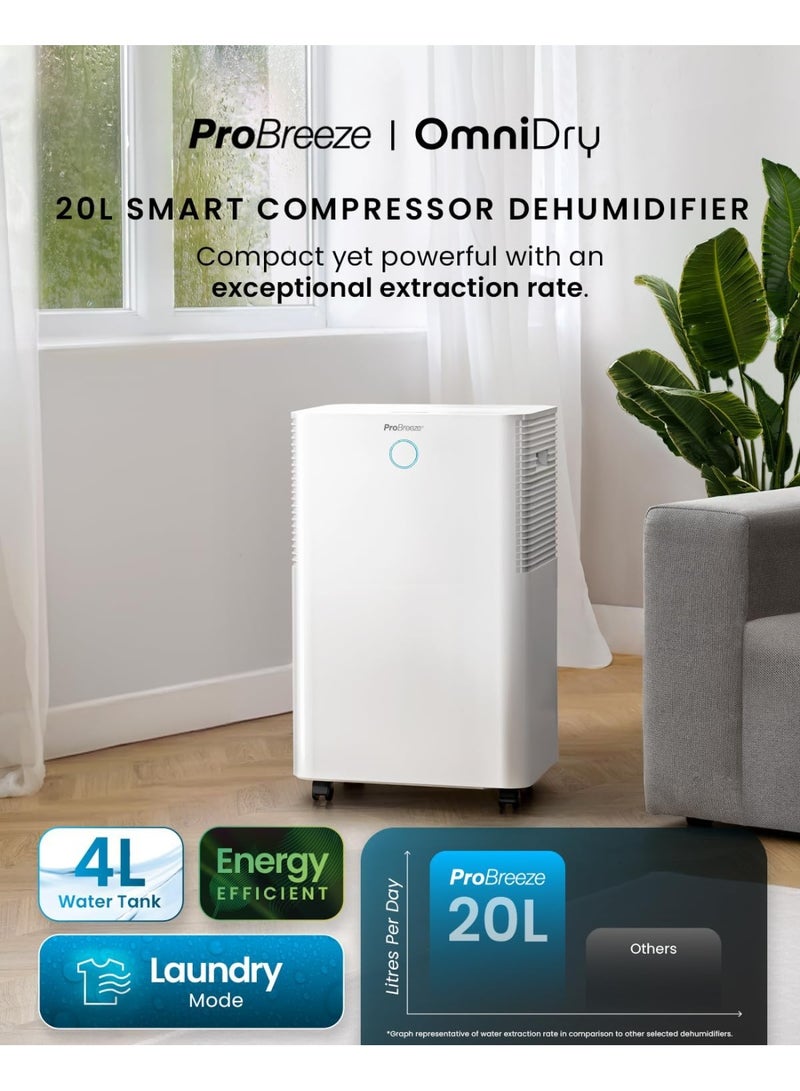 Pro Breeze 20L/Day Smart Compressor Dehumidifier with 4L Water Tank, Laundry Drying & Automatic Humidity Sensor - Mould Remover with 24-Hour Timer and Sleep Mode for Damp, Mould and Condensation  - Image 2