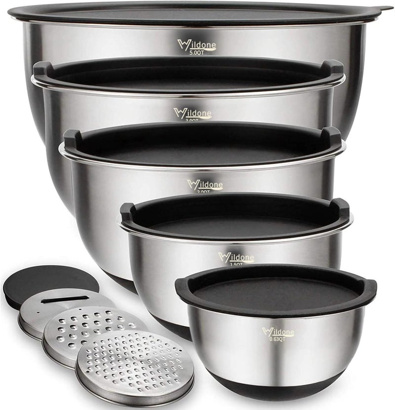Wildone Mixing Bowls with Airtight Lids Set, 5PCS Stainless Steel Nesting Bowls for Kitchen, with Grater Attachments & Non-Slip Bottoms, Size 5, 3, 2, 1.5, 0.63 QT, Great for Mixing & Serving - Image 1