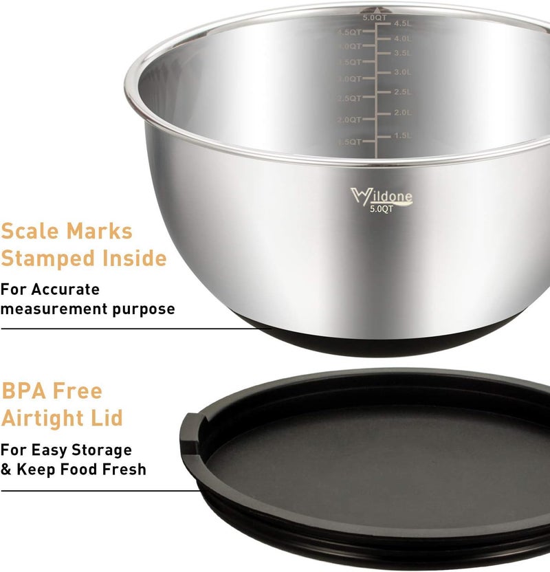 Wildone Mixing Bowls with Airtight Lids Set, 5PCS Stainless Steel Nesting Bowls for Kitchen, with Grater Attachments & Non-Slip Bottoms, Size 5, 3, 2, 1.5, 0.63 QT, Great for Mixing & Serving - Image 2