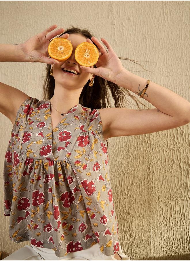 sanskrutihomes Floral Print V Neck Sleeveless Top with Gathered Detail  - Image 5