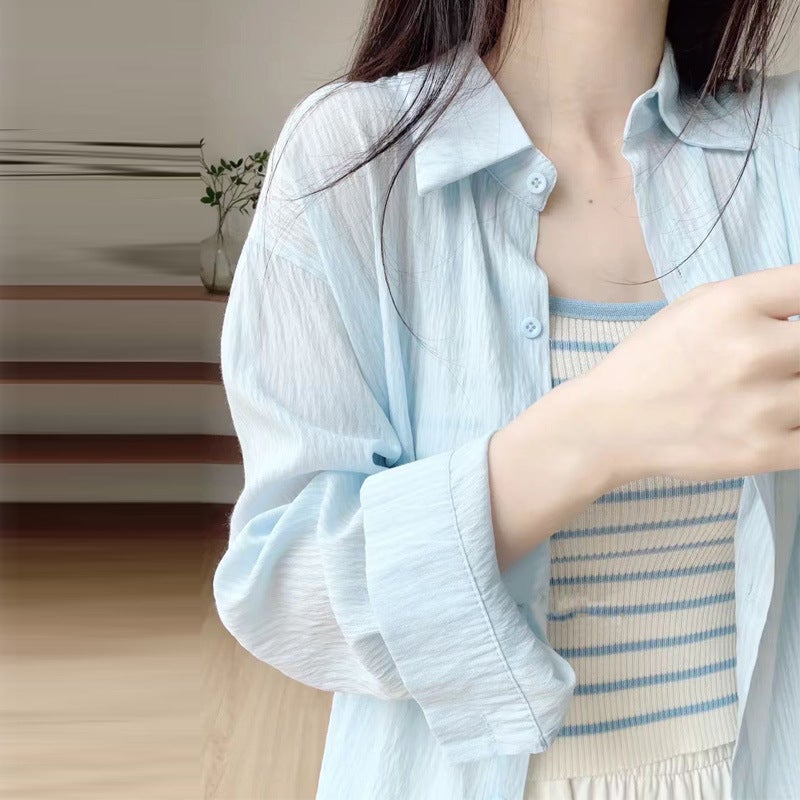 قميص شمسية رفيع بأسلوب كوري بأكمام طويلة قميص فضفاض بأسلوب كسول معطف غير رسمي قمة قميص تكييف الهواء بطول متوسط - Image 4