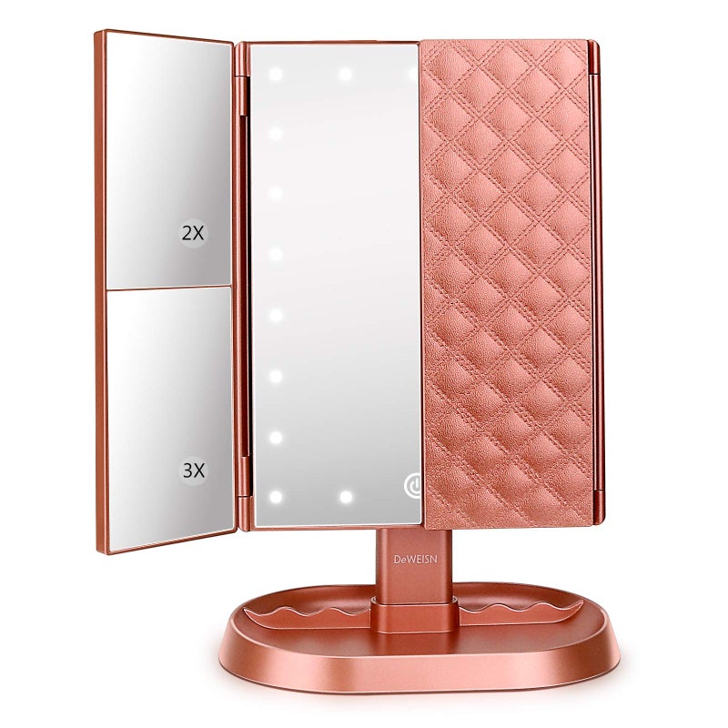 deweisn Trifold Lighted Vanity Makeup Mirror with 21 LEDs Lights1x2x3x Magnification and Touch Screen DimmingTwo Power Supplies Makeup Mirror Gift for Women
