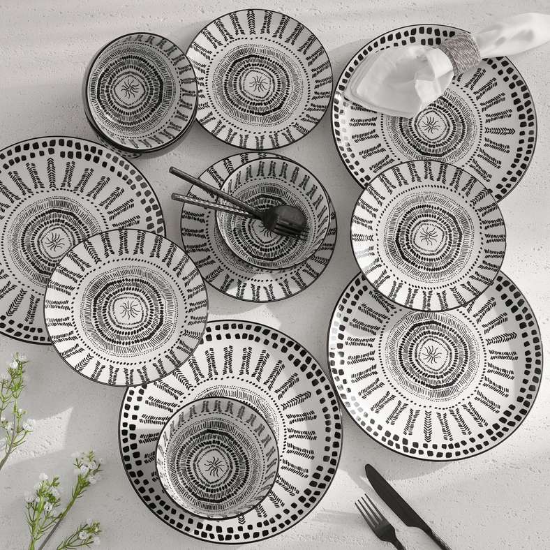 Pan Home Yora Ethnic 12-Piece Dinner Set - White and Black