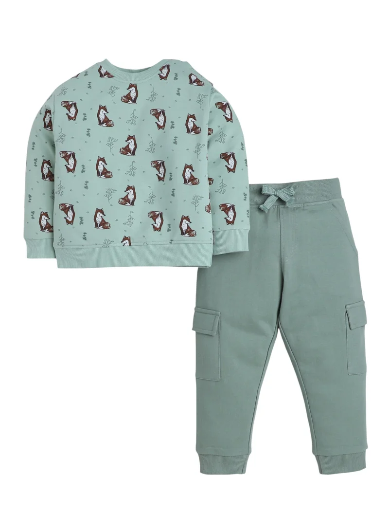 victor and jane Infant Boys Fox Print Fleece Tracksuit – Sage 2-Piece Set