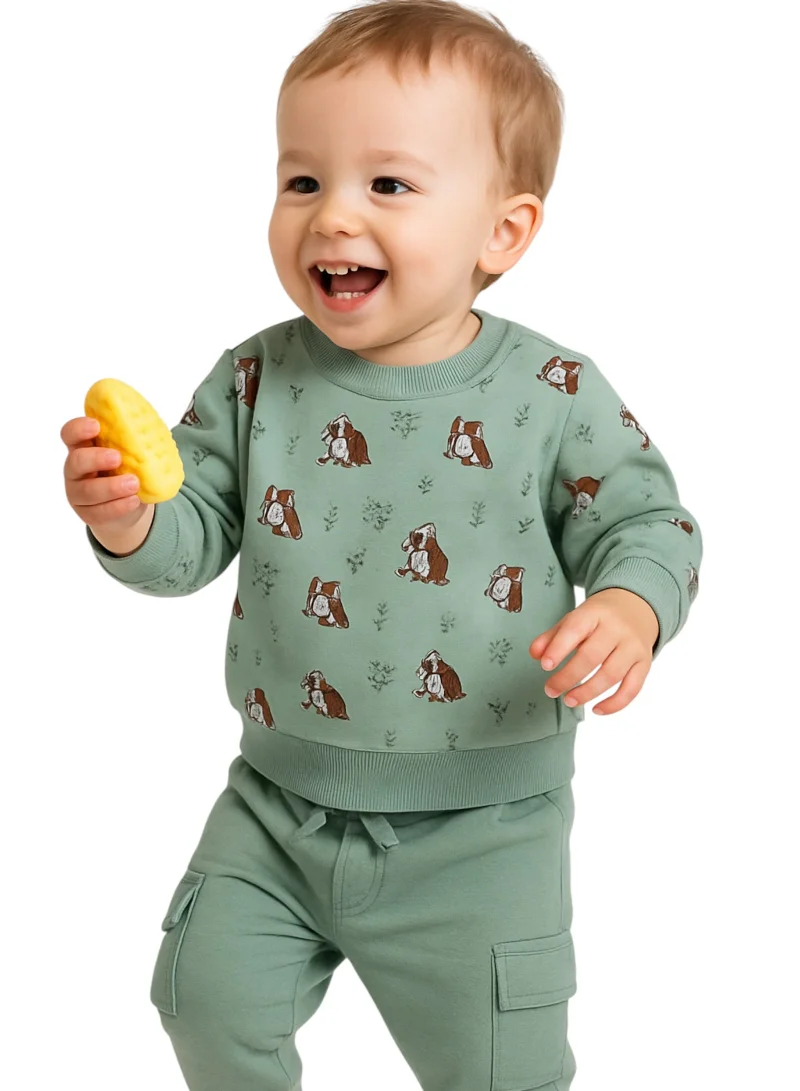 victor and jane Infant Boys Fox Print Fleece Tracksuit – Sage 2-Piece Set