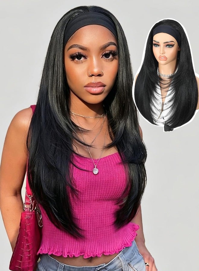 Quantum Love Headband Wig Layered Long Straight Half Wigs for Black Women Glueless Put and Go Synthetic Headband Wigs for Beginner Friendly (24inch Natural Black) - Image 1