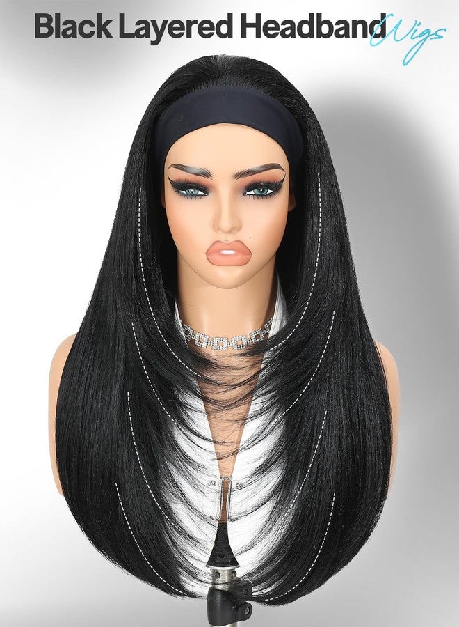 Quantum Love Headband Wig Layered Long Straight Half Wigs for Black Women Glueless Put and Go Synthetic Headband Wigs for Beginner Friendly (24inch Natural Black) - Image 2