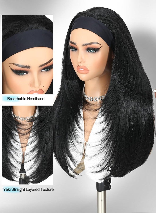 Quantum Love Headband Wig Layered Long Straight Half Wigs for Black Women Glueless Put and Go Synthetic Headband Wigs for Beginner Friendly (24inch Natural Black) - Image 4