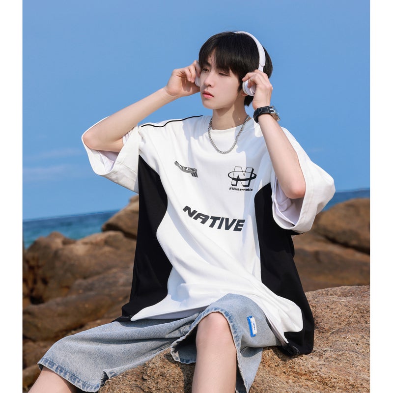 Generic American retro motorcycle T-shirt fashion brand European and American high street racing style stitching short sleeve couples heavy clothes mens 5-point sleeve White - Image 1