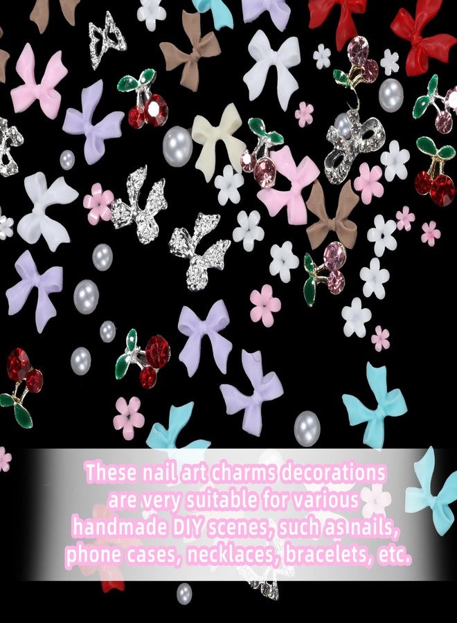 Uotey 3D Bows Nail Charms, Pink Color White Red Black Bows Flowers Pearls Nail Charms, Mixed Color Nail Charms Butterfly Cherry Alloy Silver Nail Art Gems Charms for Nail Art Decor Accessories DIY - Image 3