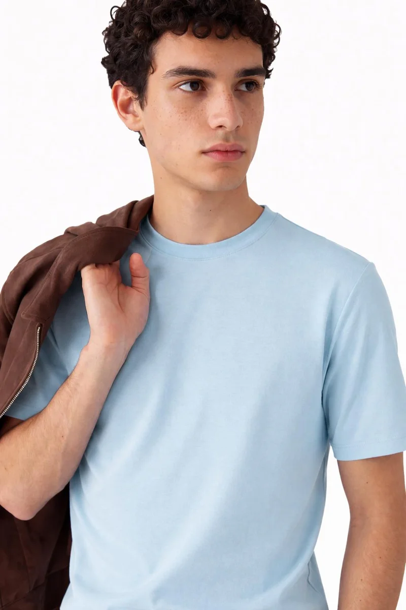 SNITCH  Light Blue Solid Half Sleeve Slim Fit Casual T-Shirt for Men | Best Price UAE