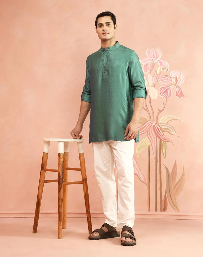 Fabindia  Green Viscose Blend Dobby Slim Fit Short Kurta for Men | Best Price UAE