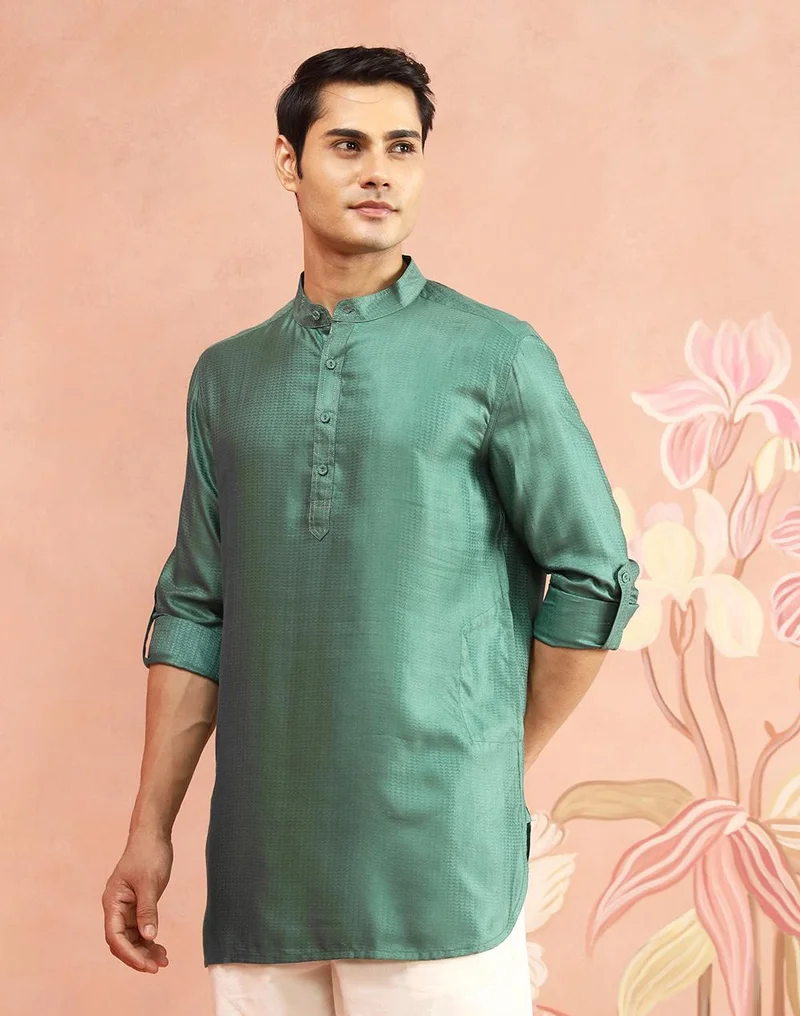 Fabindia  Green Viscose Blend Dobby Slim Fit Short Kurta for Men | Best Price UAE