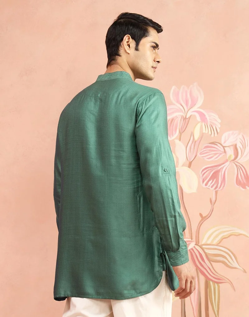 Fabindia  Green Viscose Blend Dobby Slim Fit Short Kurta for Men | Best Price UAE