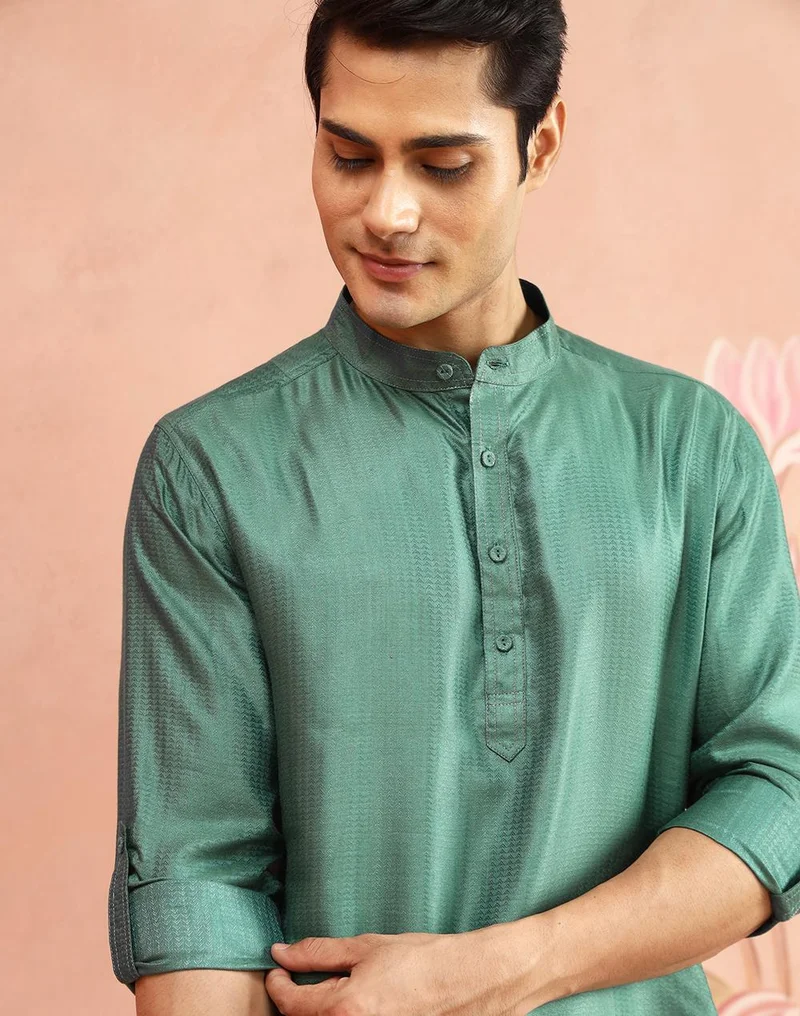 Fabindia  Green Viscose Blend Dobby Slim Fit Short Kurta for Men | Best Price UAE