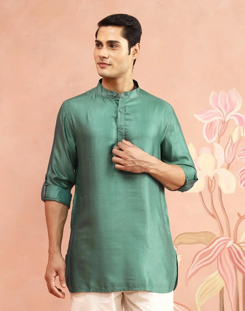 فاب انديا Green Viscose Blend Dobby Slim Fit Short Kurta