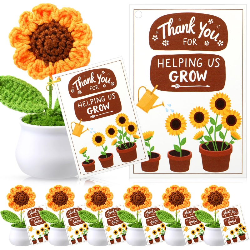 Soaoo 12 Sets Teacher Gifts Crochet Flowers with Thank You for Helping Me Grow Cards Appreciation Gifts for Teachers Coworkers Mentors Bosses Desk Decor(Sunflower) - Image 1