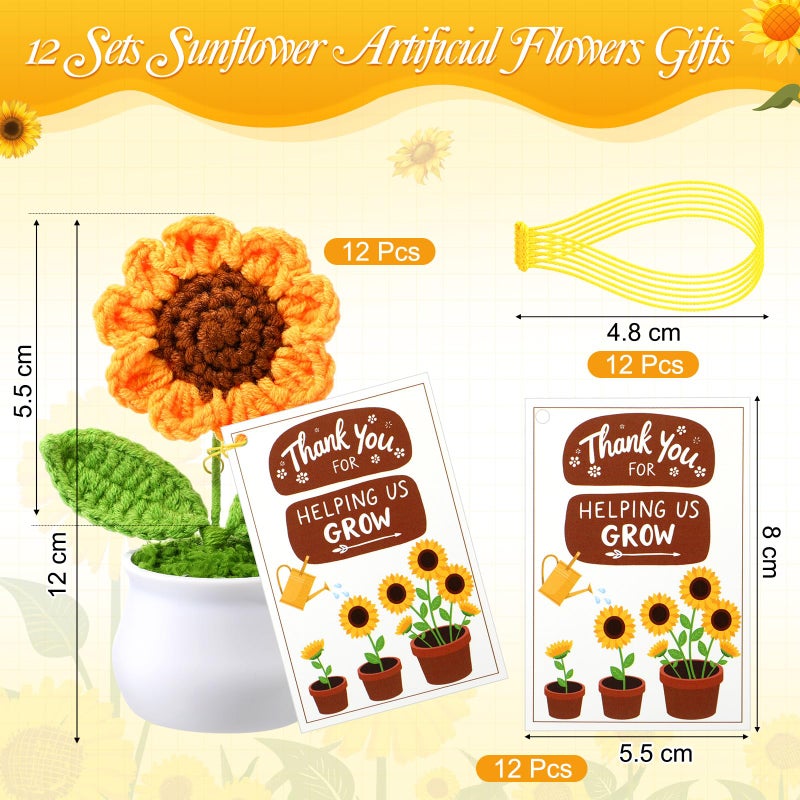Soaoo 12 Sets Teacher Gifts Crochet Flowers with Thank You for Helping Me Grow Cards Appreciation Gifts for Teachers Coworkers Mentors Bosses Desk Decor(Sunflower) - Image 2
