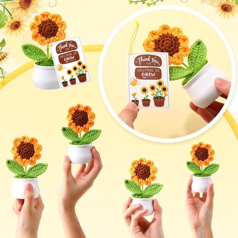 Soaoo 12 Sets Teacher Gifts Crochet Flowers with Thank You for Helping Me Grow Cards Appreciation Gifts for Teachers Coworkers Mentors Bosses Desk Decor(Sunflower) - Image 4