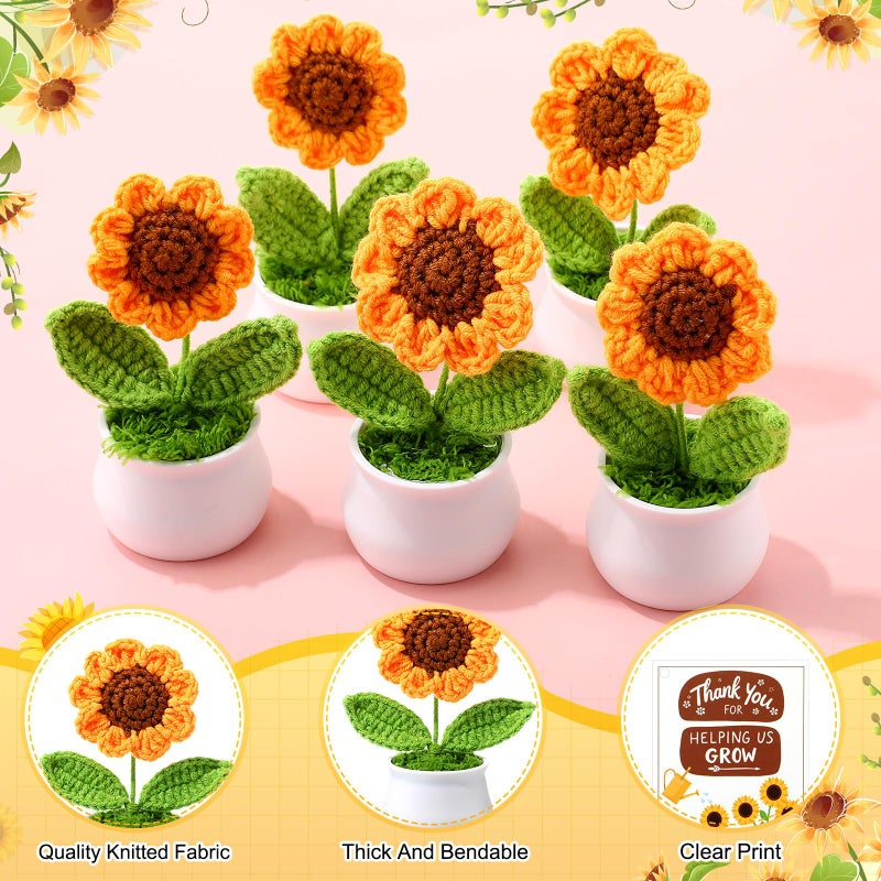 Soaoo 12 Sets Teacher Gifts Crochet Flowers with Thank You for Helping Me Grow Cards Appreciation Gifts for Teachers Coworkers Mentors Bosses Desk Decor(Sunflower) - Image 3