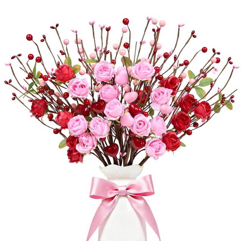 MAINGKAUNG Valentines Day Decorations 12 Pack Valentines Day Artificial Flowers 17 Inch Valentine's Picks with Red Roses Flower Pink Love Heart Berries for Valentine Wedding Anniversary Party Decor - Image 1